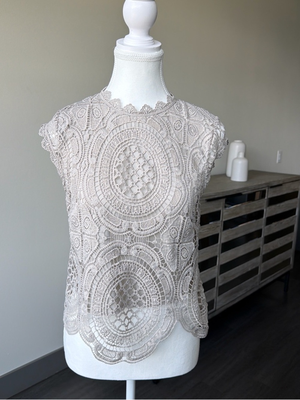 Rebellion Beige Crochet Lace Cap-Sleeve Top
